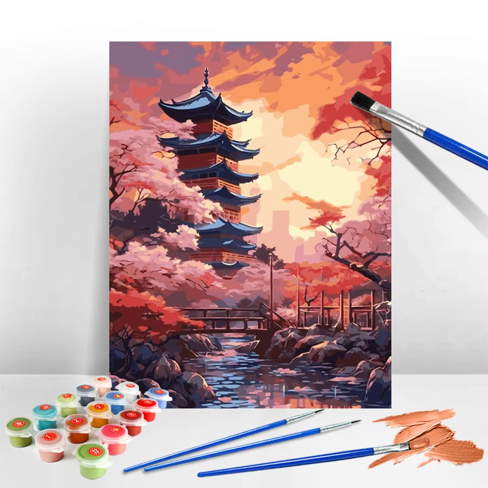 Japanese Lifestyle Game - Handpainted Oil Painting Temple Tree Picture